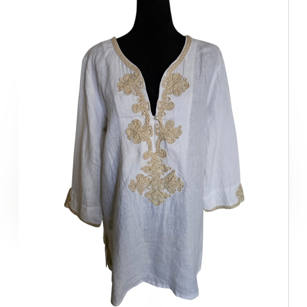 Soft Surroundings White Linen with Gold Embroidered Trim Tunic Top Size L